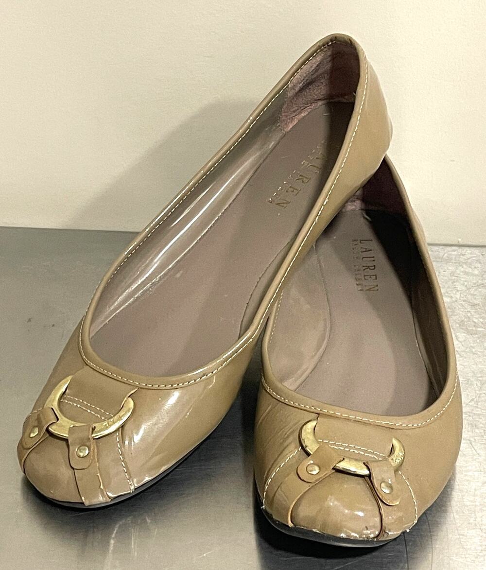 Lauren Ralph Lauren Patent Leather Tan Gold Flats Buckle Ballet Women's Sz 8.5